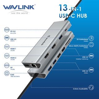 Wavlink USB C 13 in 1 Hub Docking MST SST Station Triple Display Type-C Adapter with 2x HDMI and Port 87w PD 3.0 Charging Ethernet SD Card Reader for Windows