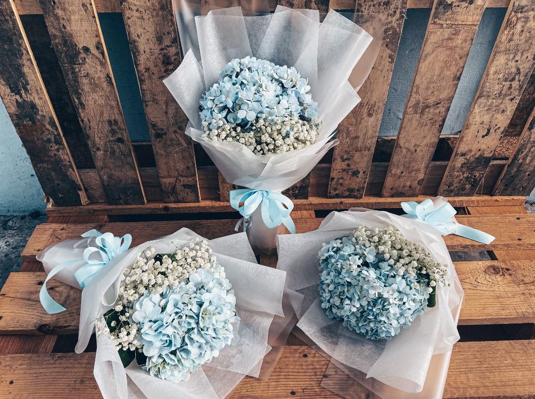 Winstry | 1 Blue Hydrangea with Baby's Breath (Floral Bouquet), Hobbies