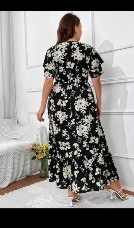 4XL US20 UK24 Floral black white plus size maxi dress ruffle curve