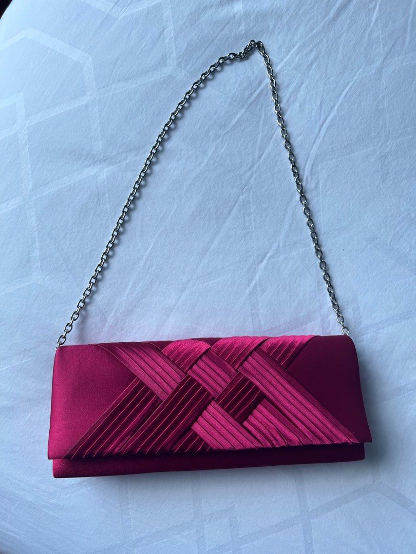 Beautiful Satin Fabric Clutch with silver chain sling, Women's Fashion