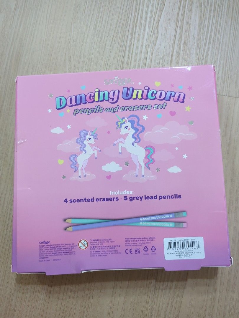 [BNIB] Smiggle Dancing Unicorn Pencil and Erasers set, Hobbies & Toys