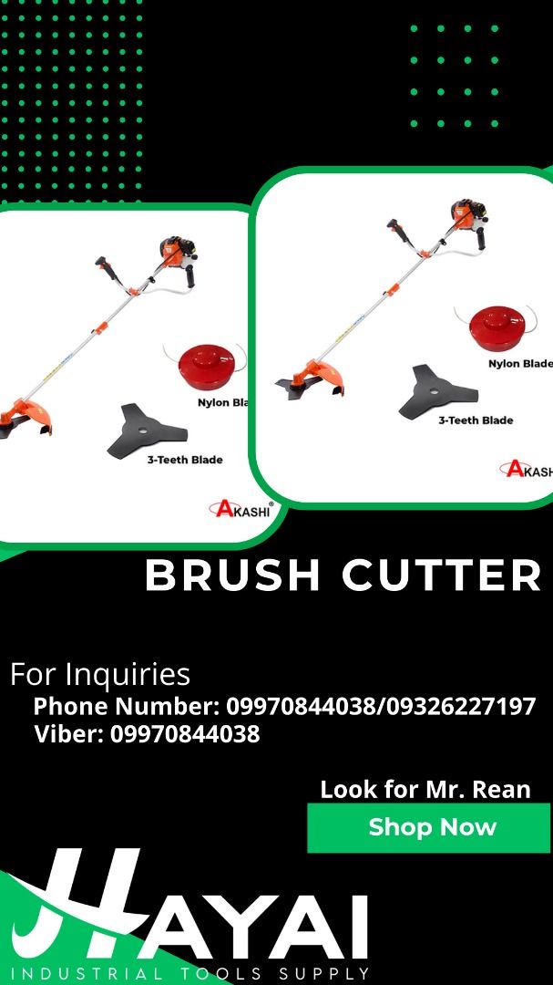 Brush Cutter (Category: Industrial Equipment) located in Manila. Submitted by 09970844038rean.hayai (Listing ID 1230017929, Image 1). Description: Brush Cutter Brand: Akashi Model AK-42 (2-Stroke) Engine Type 2-Stroke, Air-Cooled, Single Cylinder Engine Model IE40F-5 Displacement 42.7 cc Standard Power 1.2kW/6500rpm Carburetor Ump-Film Type Idling Speed 2800-3000 rpm Fuel Mixed Ratio Gasoline/Engine Oil (25:1) Fuel Tank Capacity 2L Fuel Consumpti