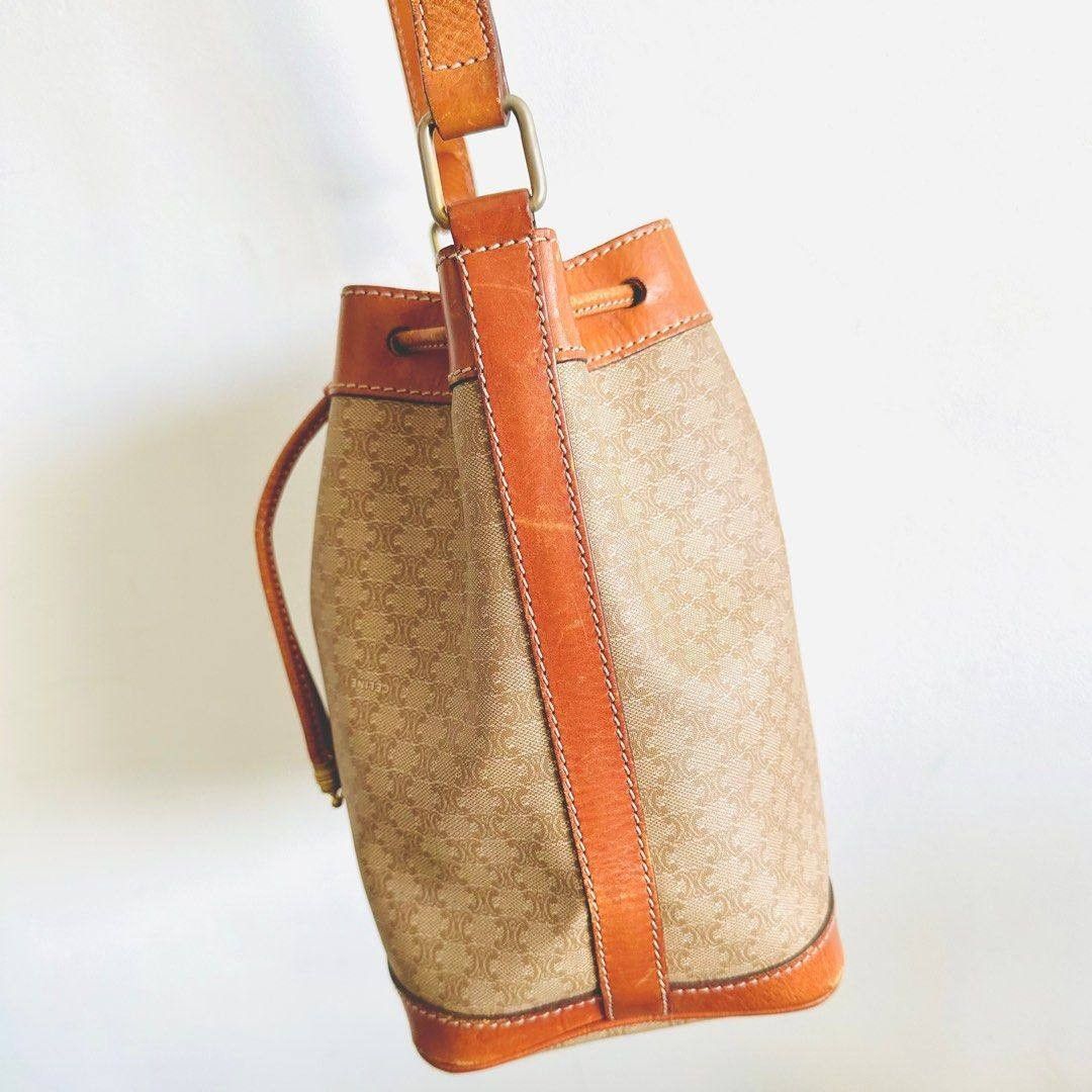 Celine Beige Triomphe Macadam Monogram Logo Vintage Bucket Drawstring Shoulder Sling Bag Authentic