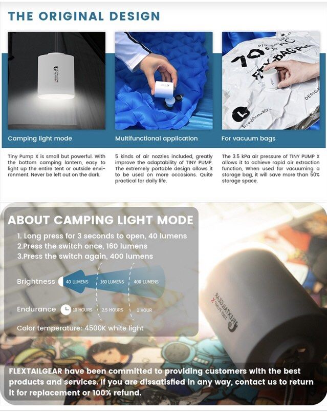 FlexTailGear Tiny Pump X, 3 in 1 Air Pump, with LED Light Portable