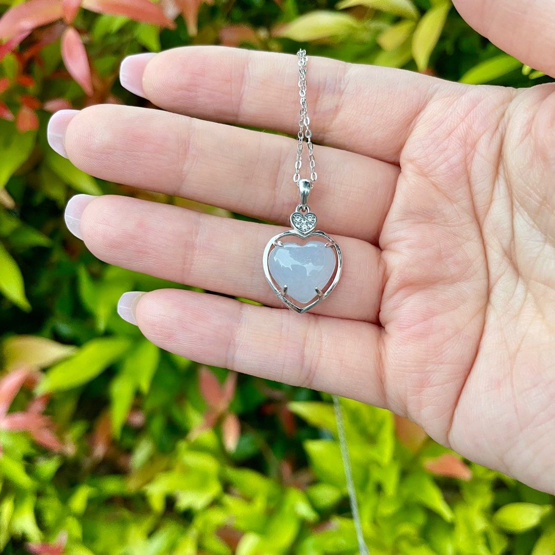 Gemmy White Heart Jadeite in S925 Double heart shape setting with