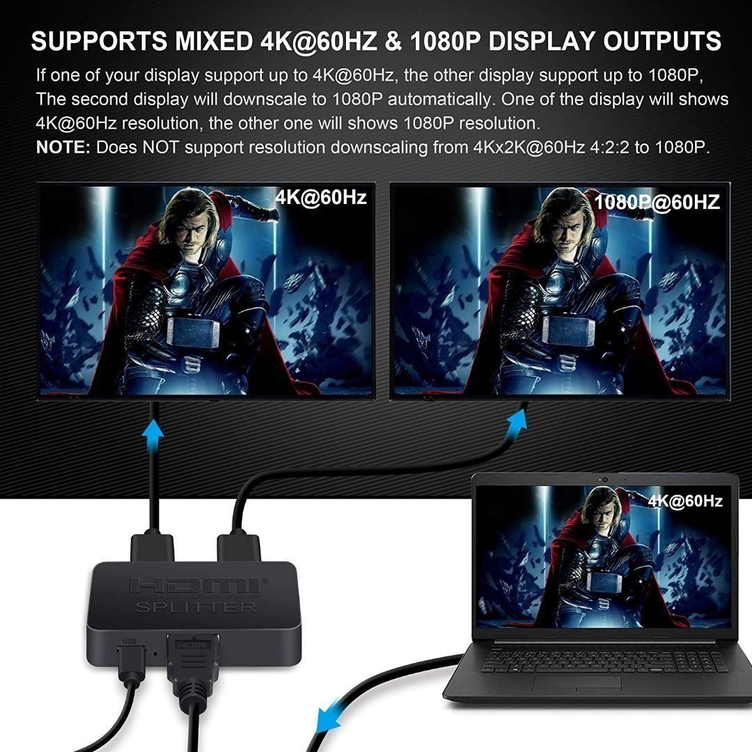 HDMI Splitter 1 in 2 Out,HDMI Audio Extractor 4K 60HZ HDMI Splitter for  Dual Monitor Duplicate/Mirror,Supports Auto Scaling, HDCP 2.2,HDR 10 for  Xbox PS5 Blu-Ray Player Fire Stick Cable Box 