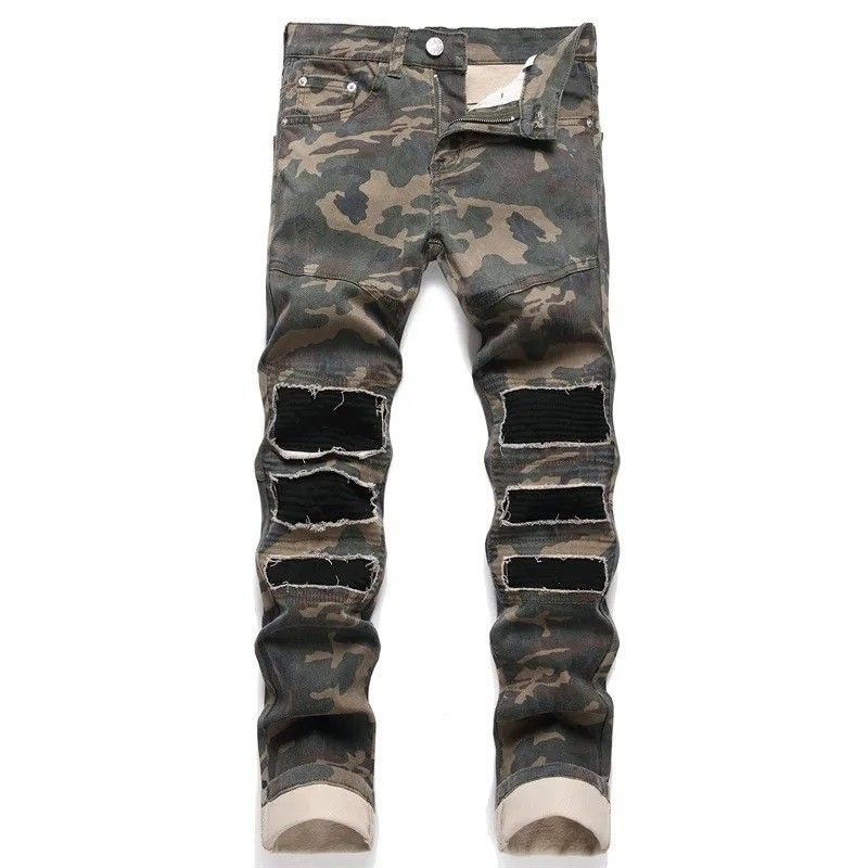 Men Jeans men denim pants patched green jeans camouflage jeans men
