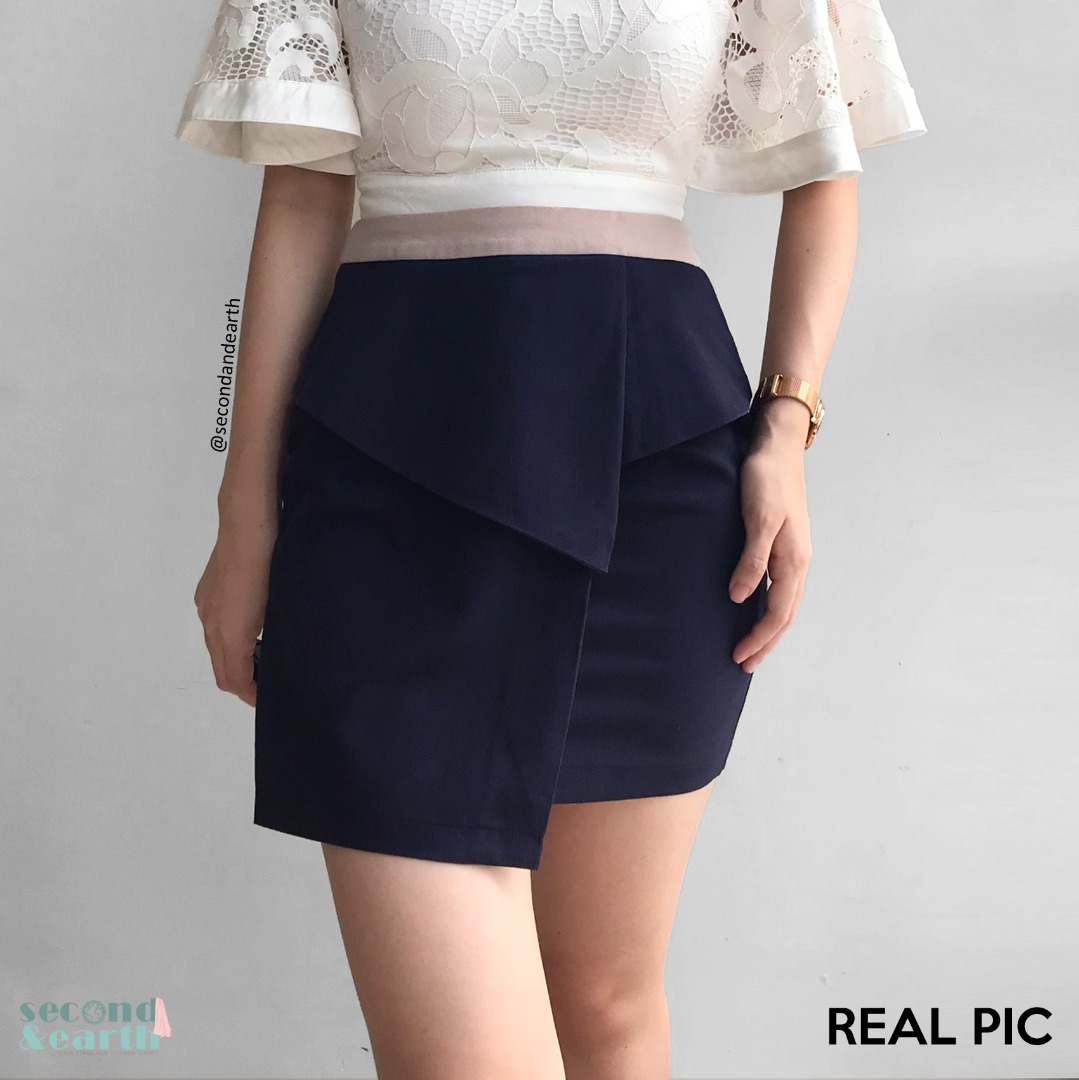 Kitschen Mini Skirt (XS) Rok Sepan Pendek Highwaist Fitted Peplum Navy