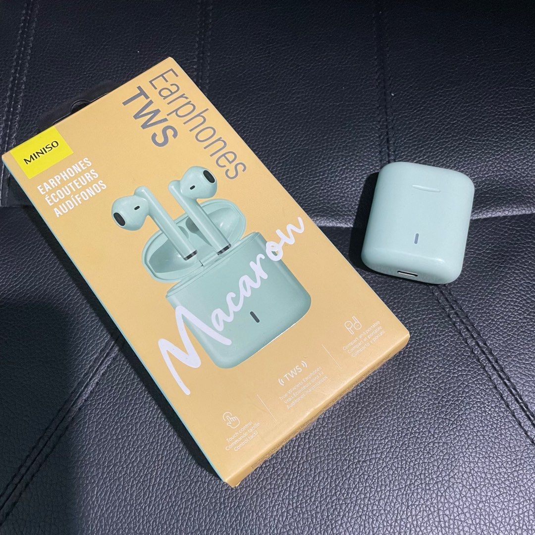Miniso Mint Green TWS Macaron Wireless Earphones (Category: Headphones & Headsets) located in Caloocan City. Submitted by blessedclothingph (Listing ID 1230122529, Image 3). Description: Lightly used. Bought less than a month ago. With box and cord for charging Honest issue: right earphone is sometimes faulty..