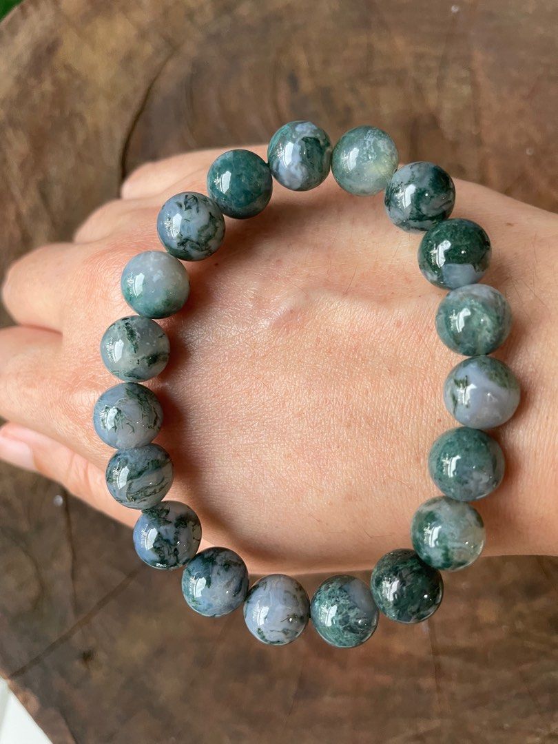 Moss Agate Beads 925 Sterling Silver Stretchable Bracelet 7