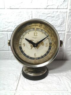 Old RHYTHM Round Wind Up WORLD TIME TRAVEL ALARM CLOCK with Stand Display Decor Made in Japan Vintage & Collectible