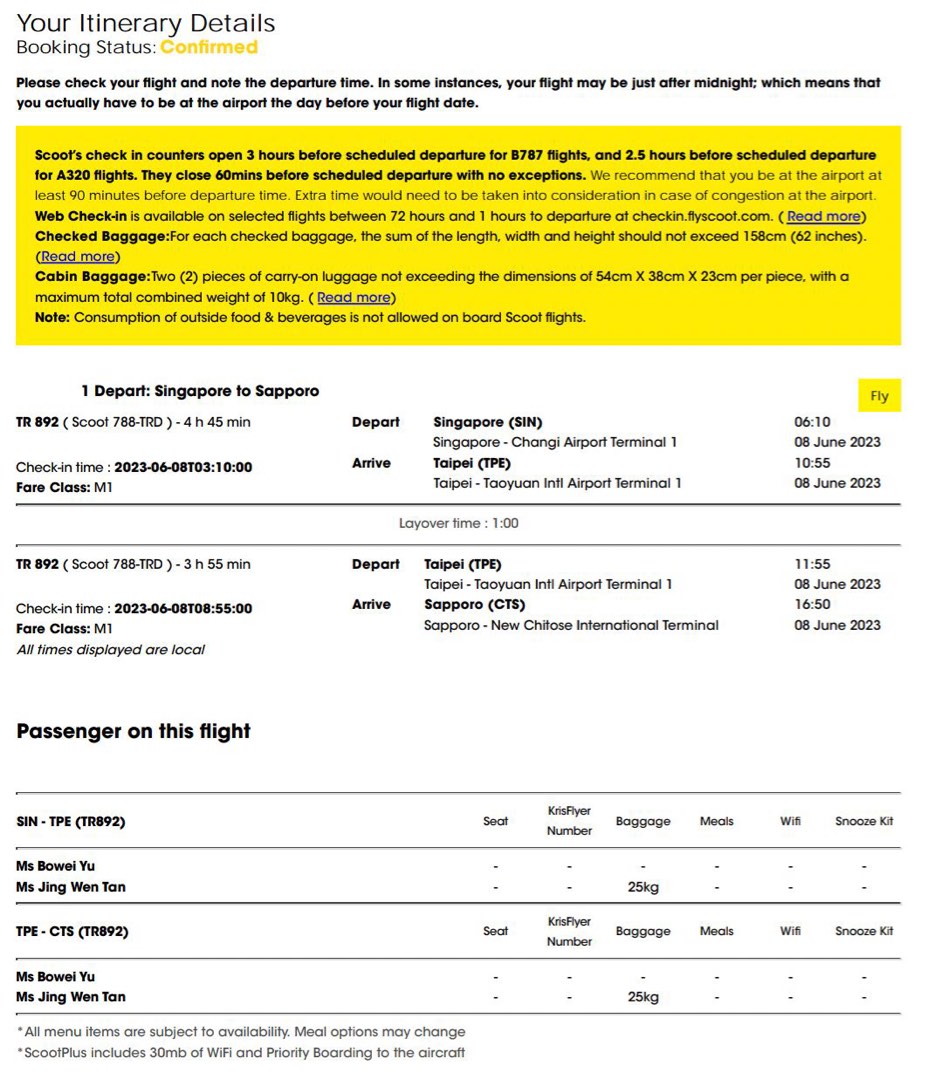 Scoot flight ticket Singapore to Sapporo, Hokkaido JUNE FLIGHT, Tickets & Vouchers, Flights