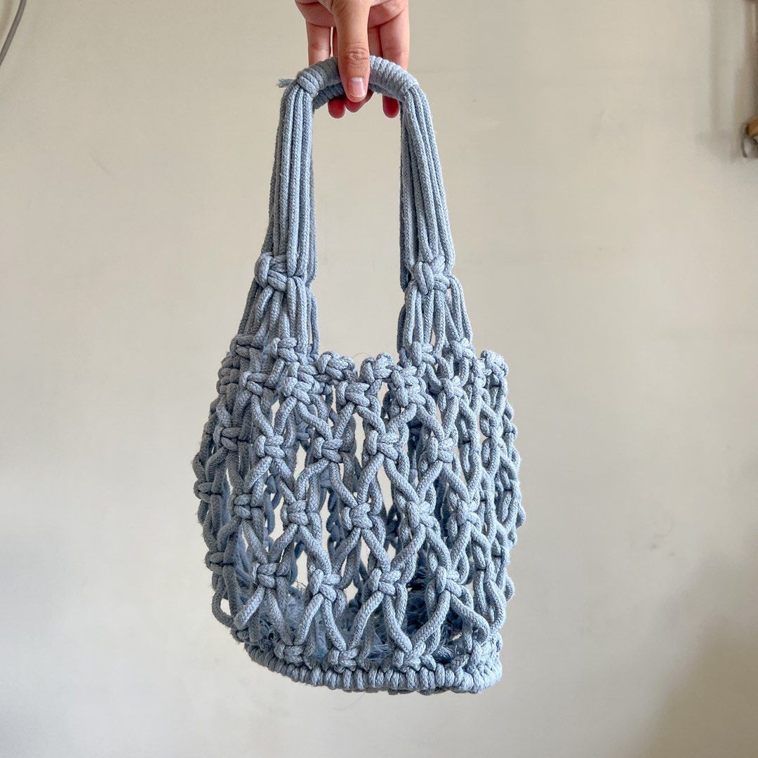 Y2K Vintage Coquette Handmade Baby Blue Macrame Beach Summer Crochet Handbag  Small Tote Bag, Women'S Fashion, Bags & Wallets, Beach Bags On Carousell