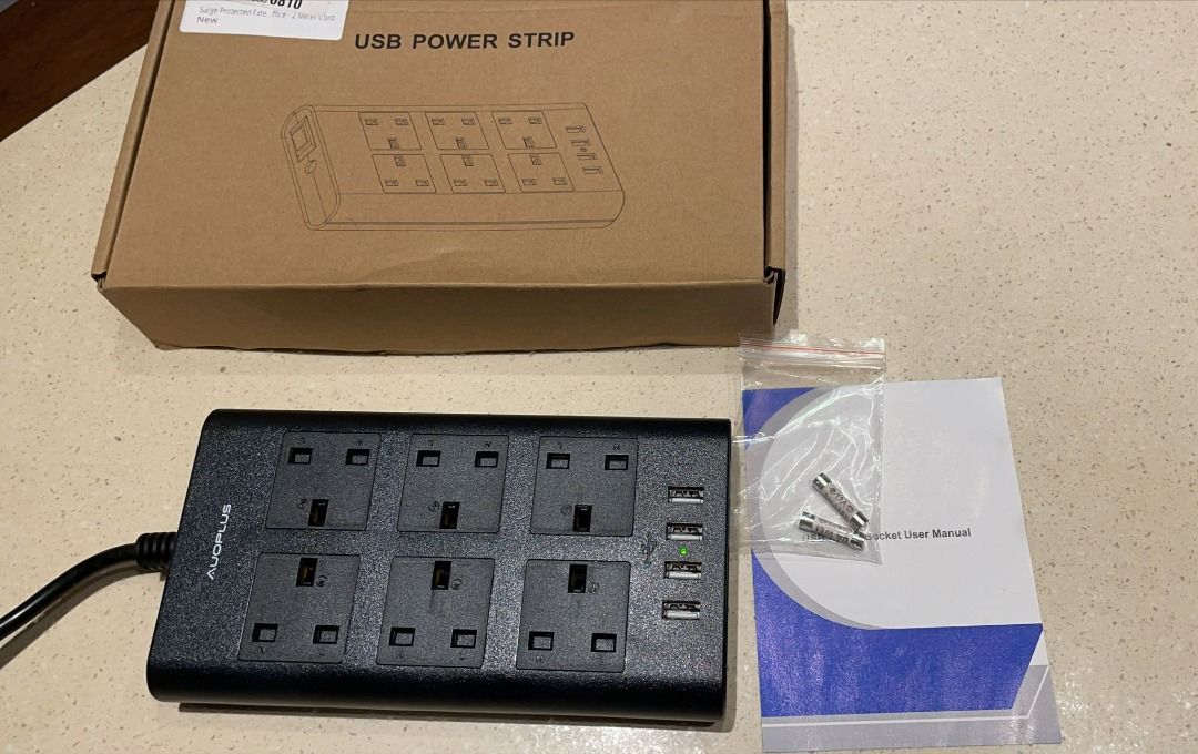 1846) SURGE PROTECTED EXTENSION LEAD, AUOPLUS 6 GANG POWER STRIP WITH 4 USB PORT, MULTI PLUG