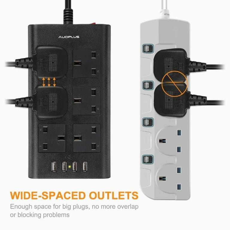 1846) SURGE PROTECTED EXTENSION LEAD, AUOPLUS 6 GANG POWER STRIP WITH 4 USB PORT, MULTI PLUG