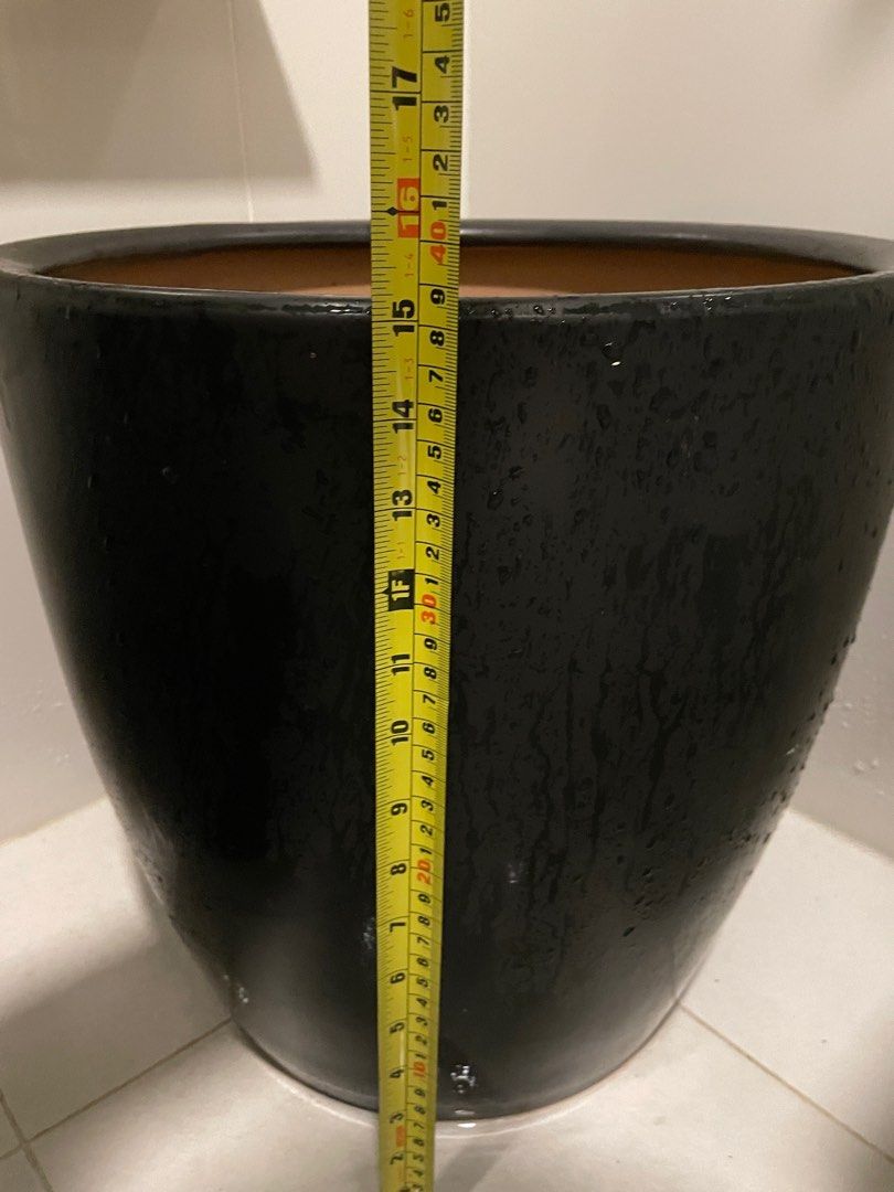 2 Big Ceramic Pots with Drainage Holes (Black), Furniture & Home Living