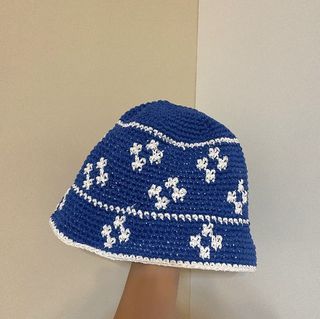 帽子 編織 針織 藍色 花花 花朵 藍色 白色 漁夫帽