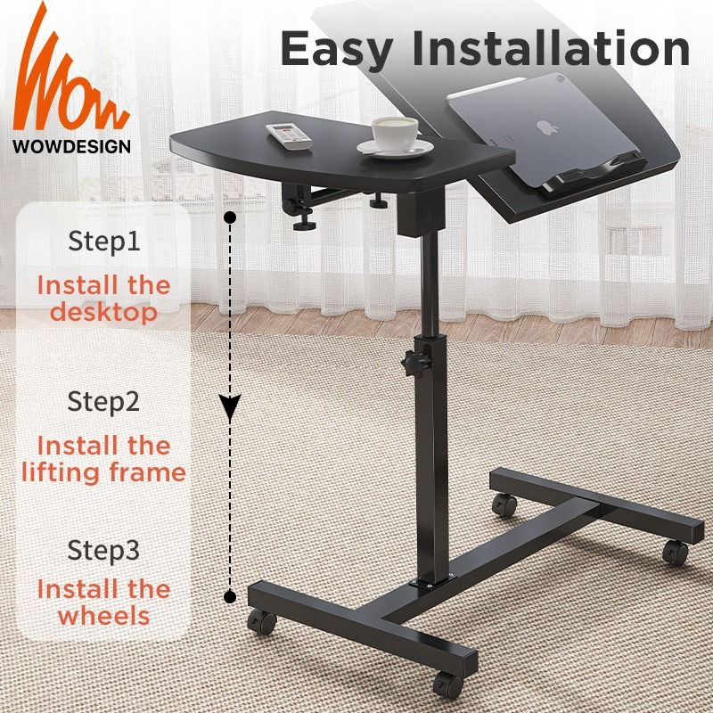 Adjustable Height Laptop Table Sofa Side Table With Wheels Computer Desk Portable Wooden Mobile