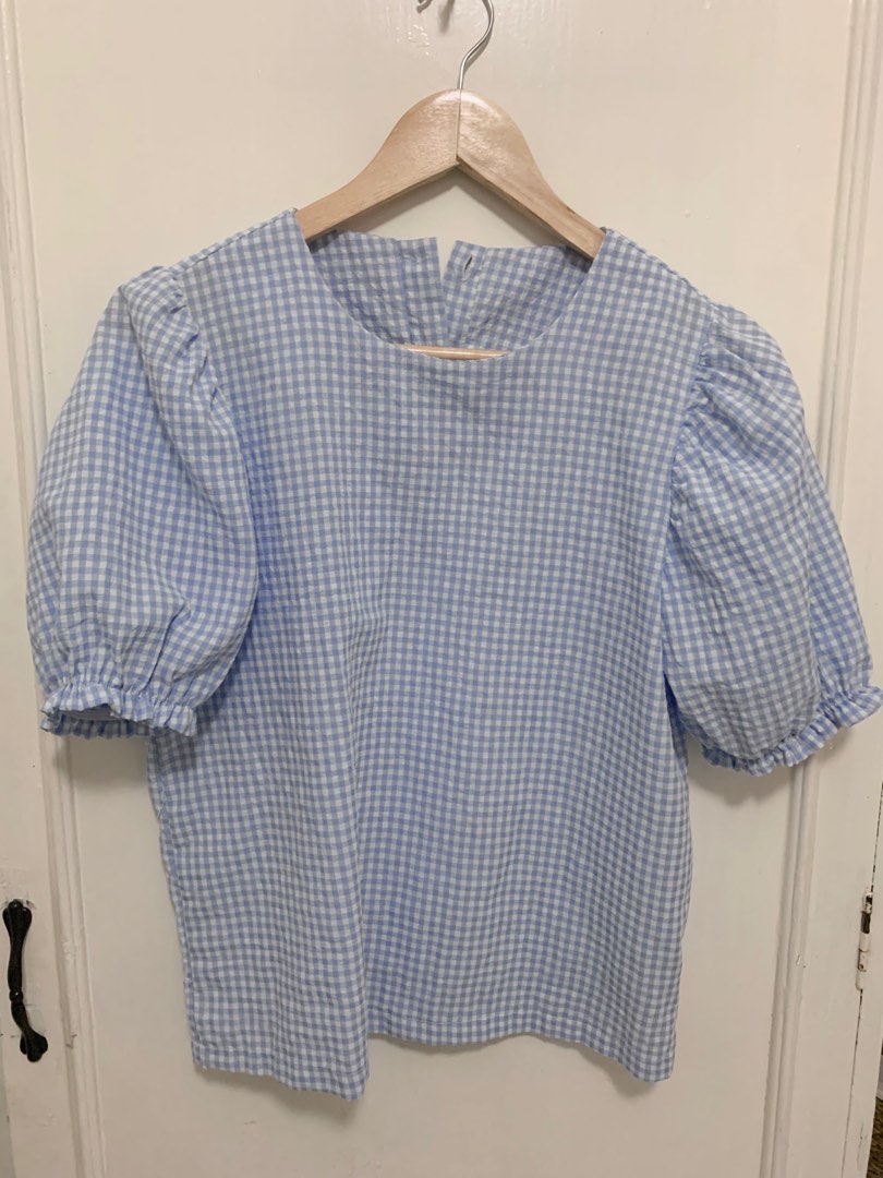 Light Blue and White Gingham Puff Sleeve Top main image 1