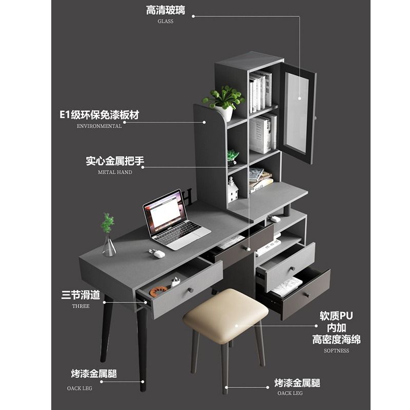 Computer table&Book Shelf Extend desk tempered glass Drawer with slide ...
