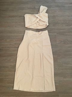 Cream Beige One Shoulder Twist Crop Top Midi Slit Skirt Coordinates Set