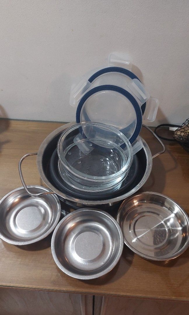 ikea strainer, 2 ikea bowls, 3 stainless, 1 ikea square bakibg glass