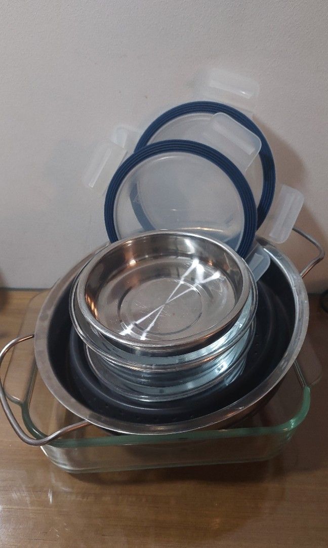 ikea strainer, 2 ikea bowls, 3 stainless, 1 ikea square bakibg glass
