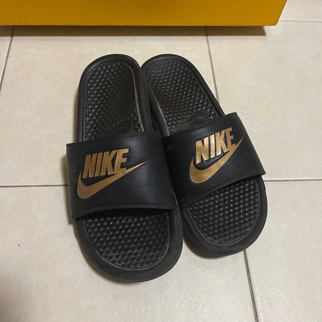 Mens black and gold nike slides sale