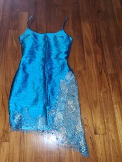 Turquoise Cocktail Dress w Asymmetrical Lace Hemline