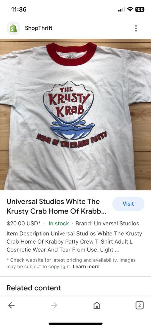universal studios krusty krab shirt (Category: Tshirts & Polo Shirts ) located in Manila. Submitted by clovesu (Listing ID 1230208210, Image 2). Description: still in a very good condition as u can see in the picture cracked print is a part of it.