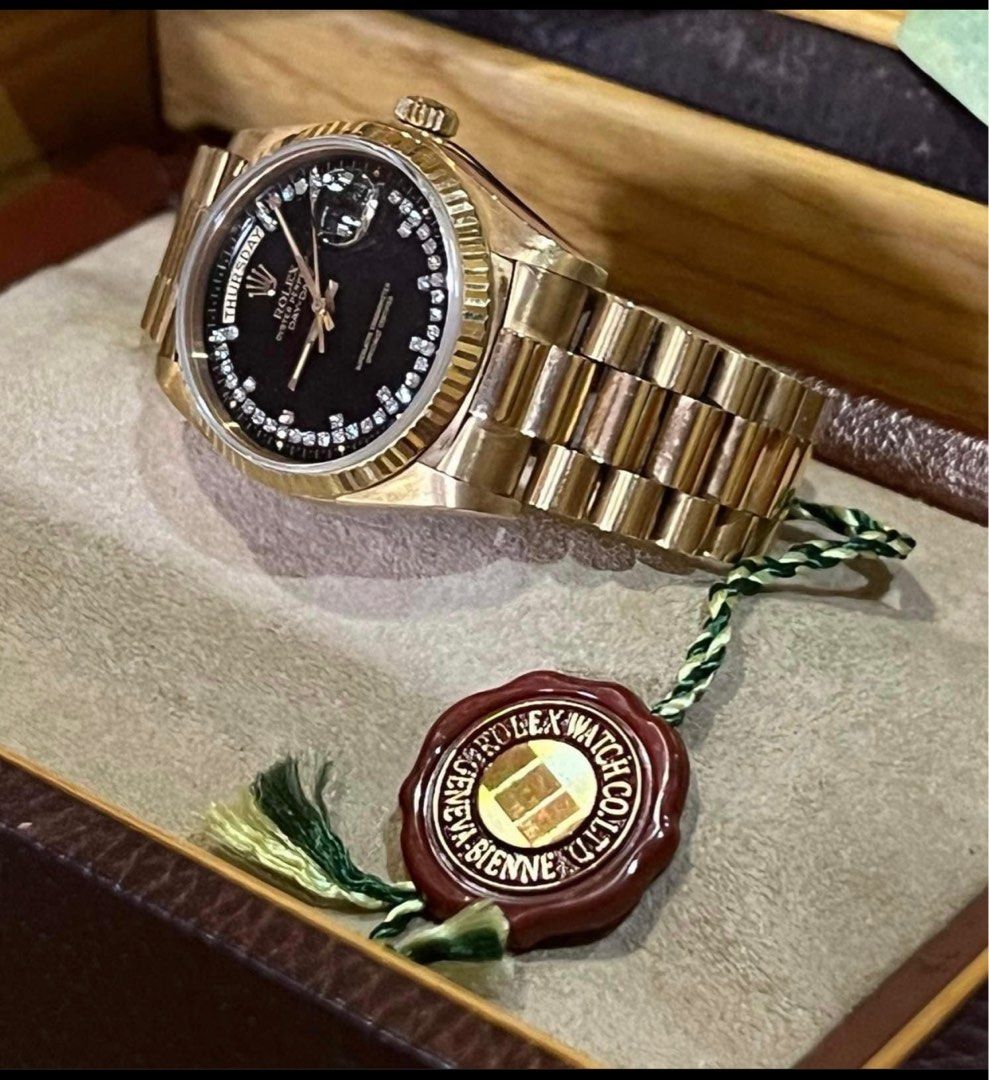 VERY RARE 1989 Rolex Solid Yellow Gold Day-Date “String Dial” 36mm (Category: Luxury Watches) located in Pasig City. Submitted by Watchaholics (Listing ID 1230199417, Image 2). Description: FOR SALE: VERY RARE 1989 Rolex Solid Yellow Gold Day-Date “String Dial” - Ref: 18038 - Single Quick set - Rare String Diamond Dial - Comes with Service Pouch or Presentation Box - All Original - Open for Verification For 1.1M You may DM or contact me @ 0961507