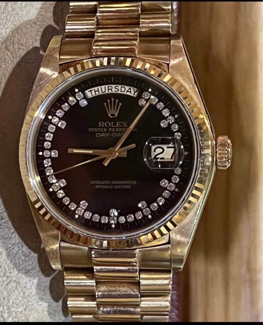 VERY RARE 1989 Rolex Solid Yellow Gold Day-Date “String Dial” 36mm (Category: Luxury Watches) located in Pasig City. Submitted by Watchaholics (Listing ID 1230199417, Image 1). Description: FOR SALE: VERY RARE 1989 Rolex Solid Yellow Gold Day-Date “String Dial” - Ref: 18038 - Single Quick set - Rare String Diamond Dial - Comes with Service Pouch or Presentation Box - All Original - Open for Verification For 1.1M You may DM or contact me @ 0961507
