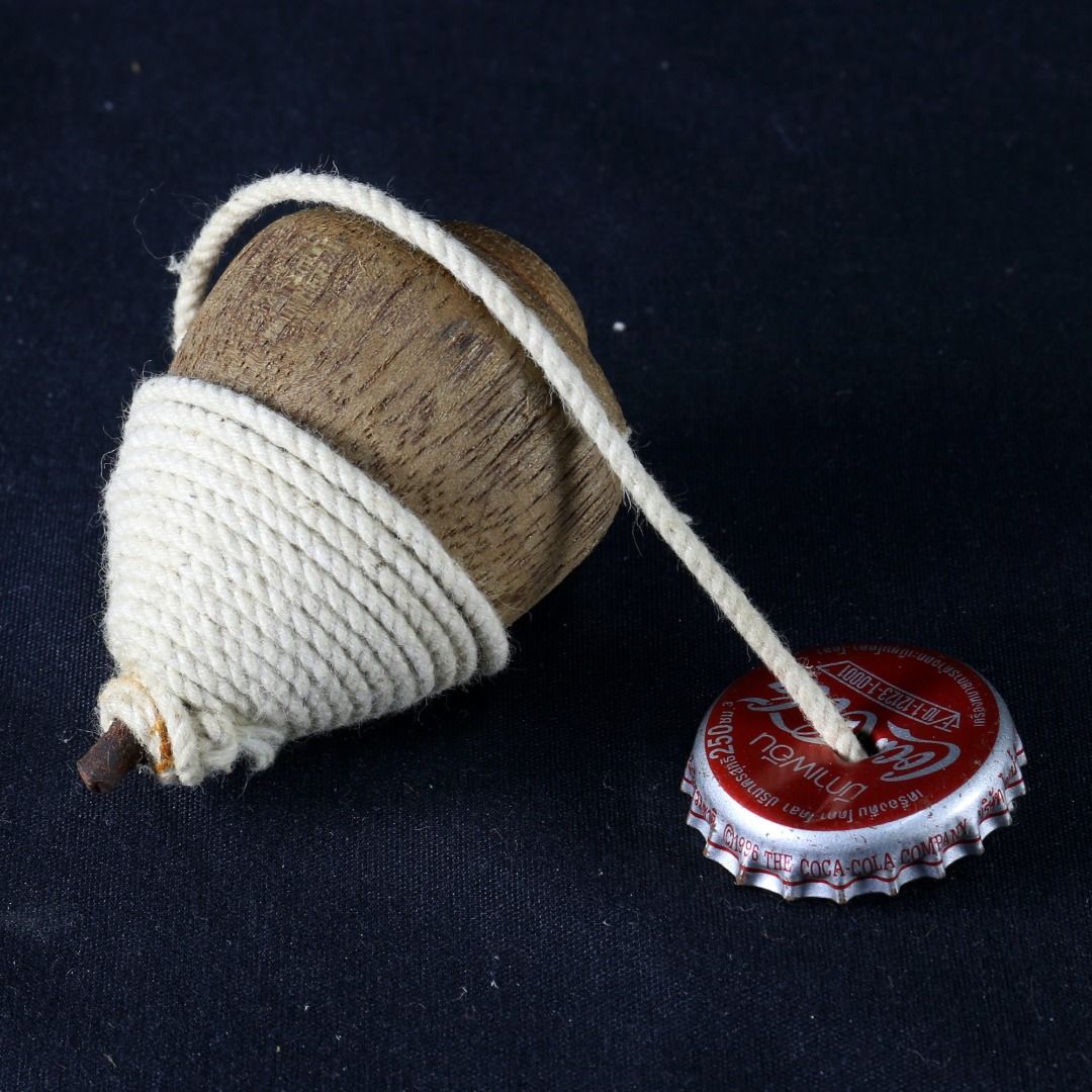 Vintage Wooden Spinning Top With String Attached To Coke Cap, Hobbies