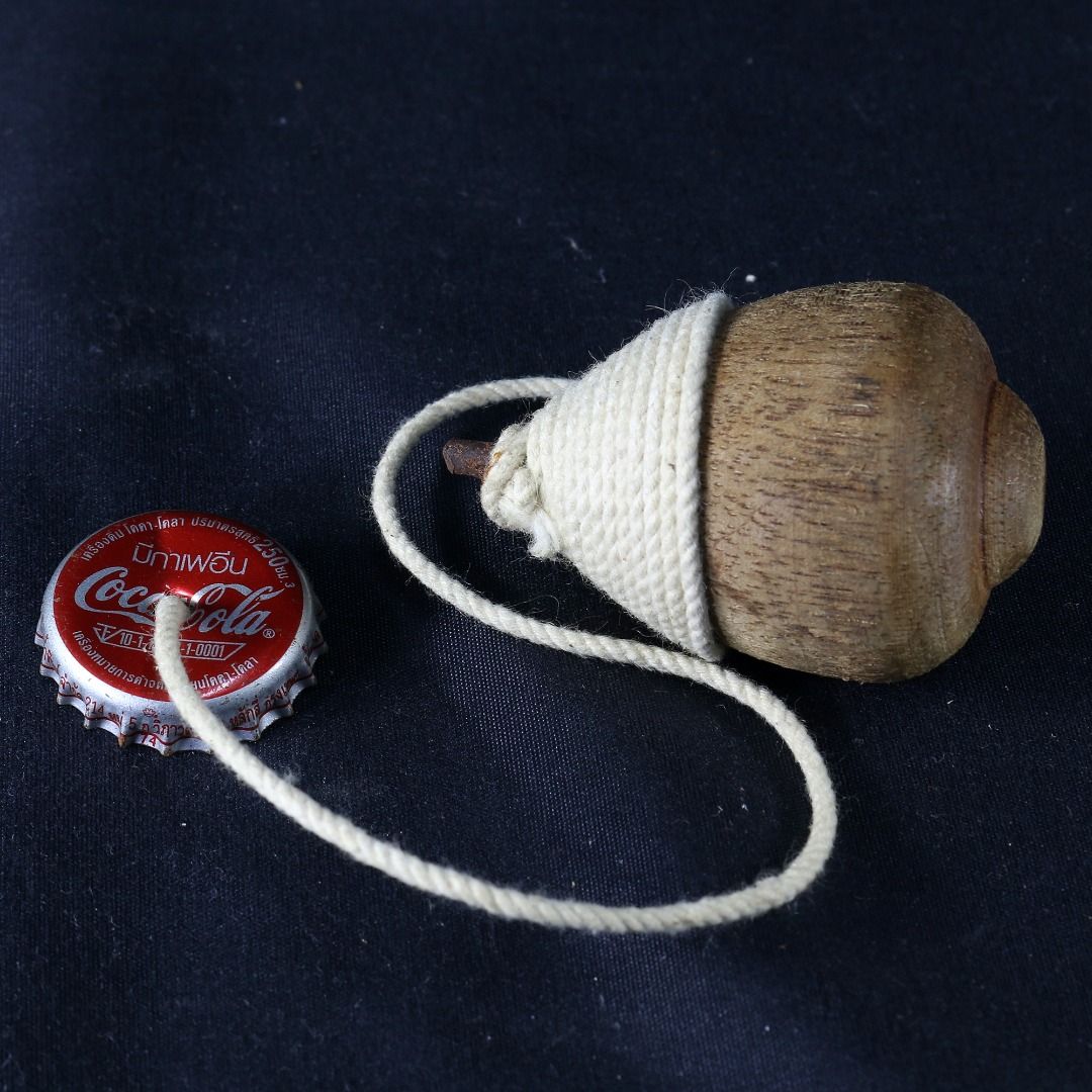 Vintage Wooden Spinning Top With String Attached To Coke Cap, Hobbies