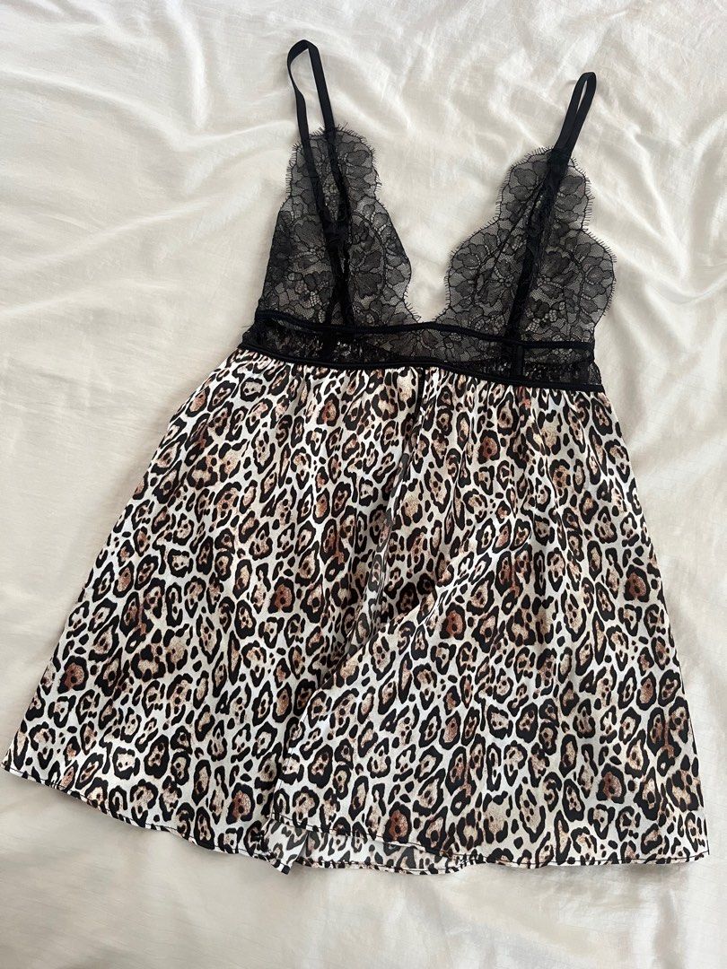 VS Victoria s Secret Leopard Print Satin Lace Babydoll Nightie Women s Fashion New Undergarments Loungewear on Carousell