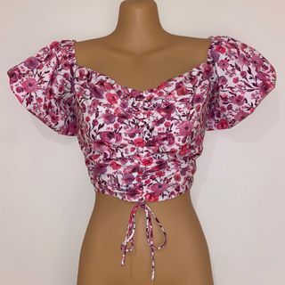 White Fox Pink Floral Off Shoulder Puff Sleeve Crop