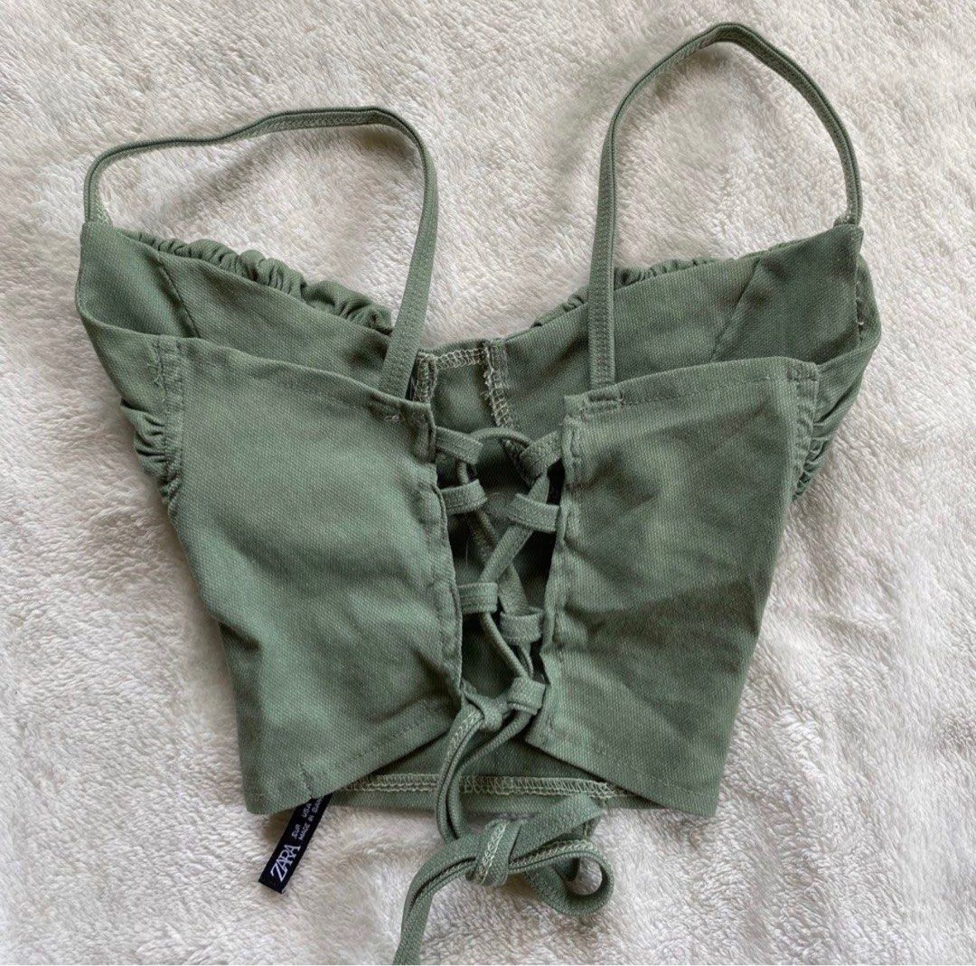 ZARA Army Green Corset-Like Top (Category: Sleeveless) located in Valenzuela. Submitted by jlopez75 (Listing ID 1230280761, Image 2). Description: Fits XS-S with 34-36 cups Fabric isn’t stretchy (thick cotton) Bought from another Carouseller and said it was free size but too small for me. .