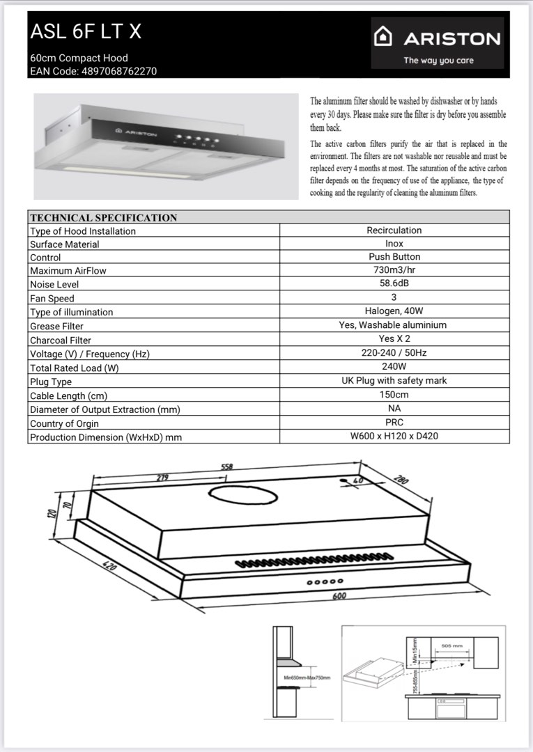 Ariston 60cm Hood, TV & Home Appliances, Kitchen Appliances, Hobs