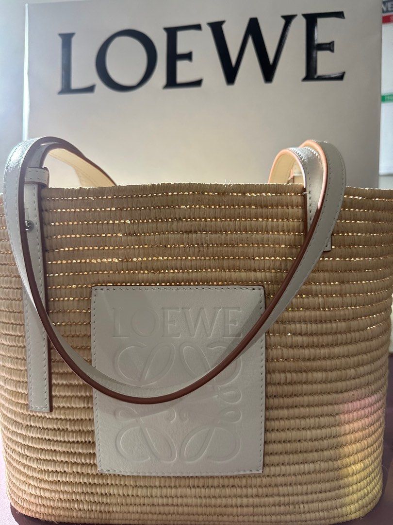 AUTHENTIC LOEWE SMALL SQUARE BASKET BAG IN RAFFIA AND CALFSKIN (WHITE