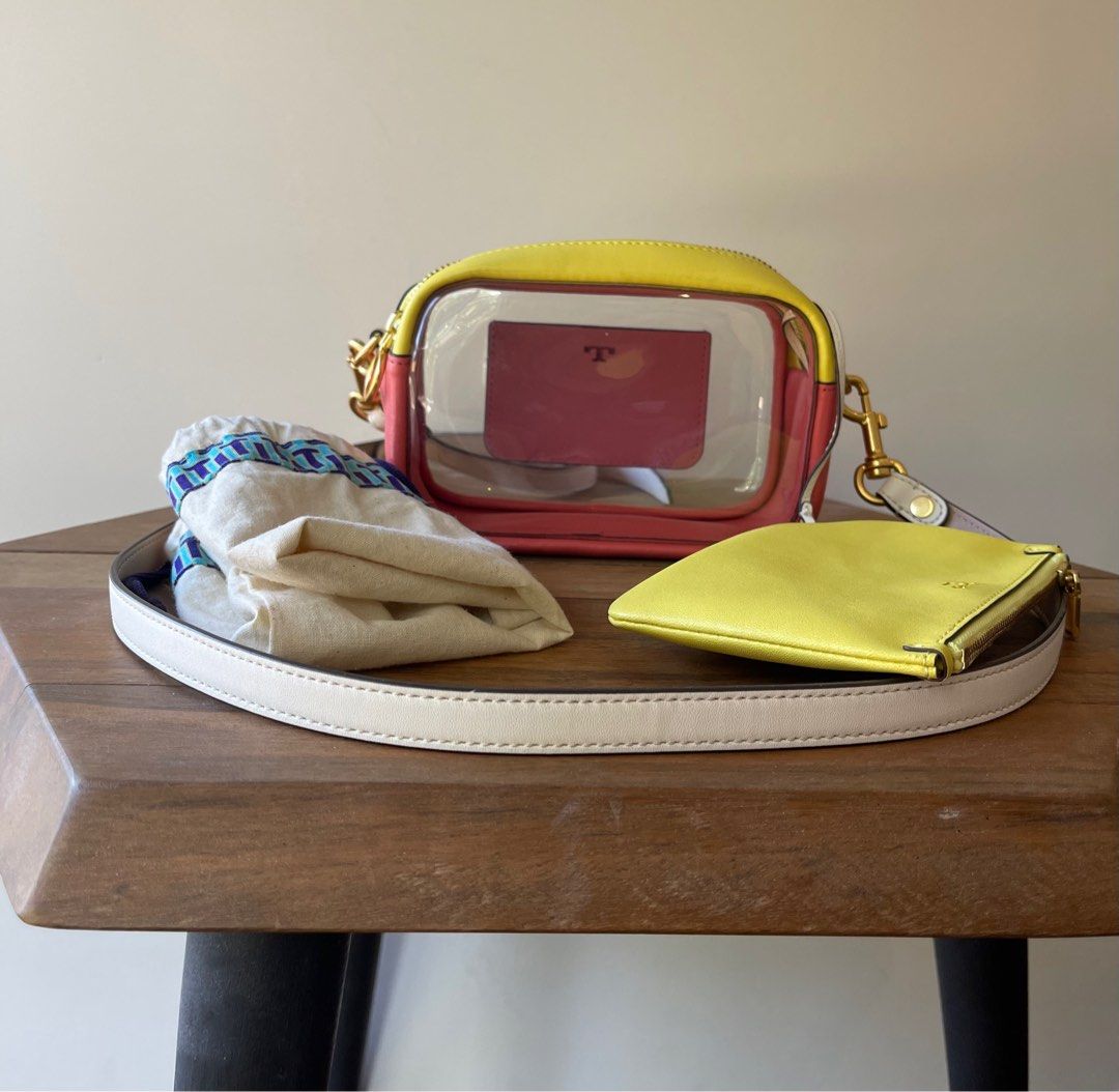 Authentic Tory Burch Camera Bag (on hand) (Category: Luxury Bags & Wallets) located in Paranaque City. Submitted by mypurselove (Listing ID 1230351461, Image 2). Description: Never been used. Multi-color yellow & pink With dustbag Adjustable/Detachable sling With yellow pouch Gold Hardware dual zip opening.