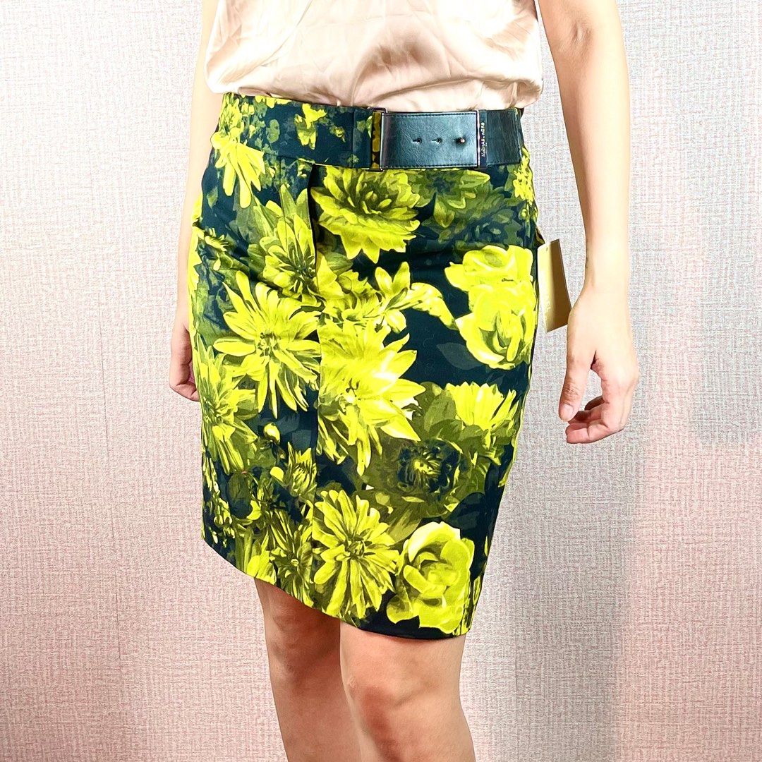 BNWT Michael Kors English Garden Green Black Floral Stretch Belted Pencil Cut Skirt 4Petite