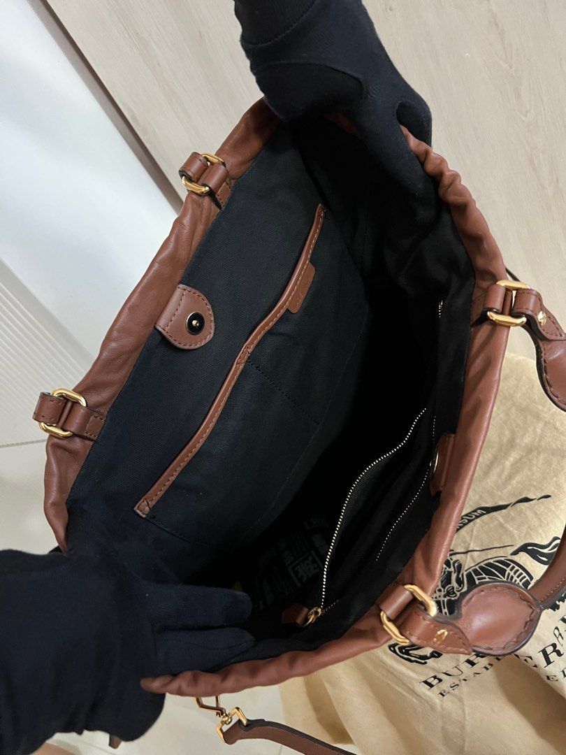 Burberry Leather Plaid Canvas Drawstring Pochette Handbag