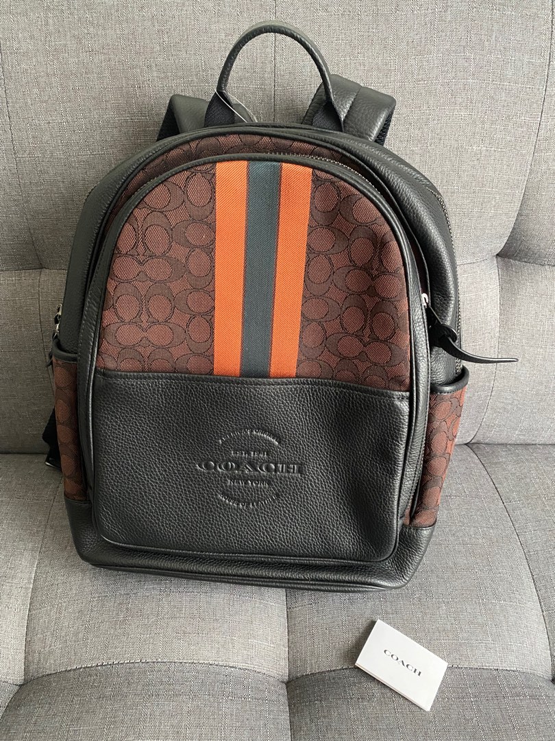 Coach Men's Thompson Backpack In Signature Jacquard With Varsity Stripe (Mahogany Ginger Multi