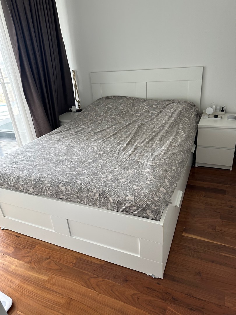 Ikea bed with storage + 2 nightstand, Furniture & Home Living