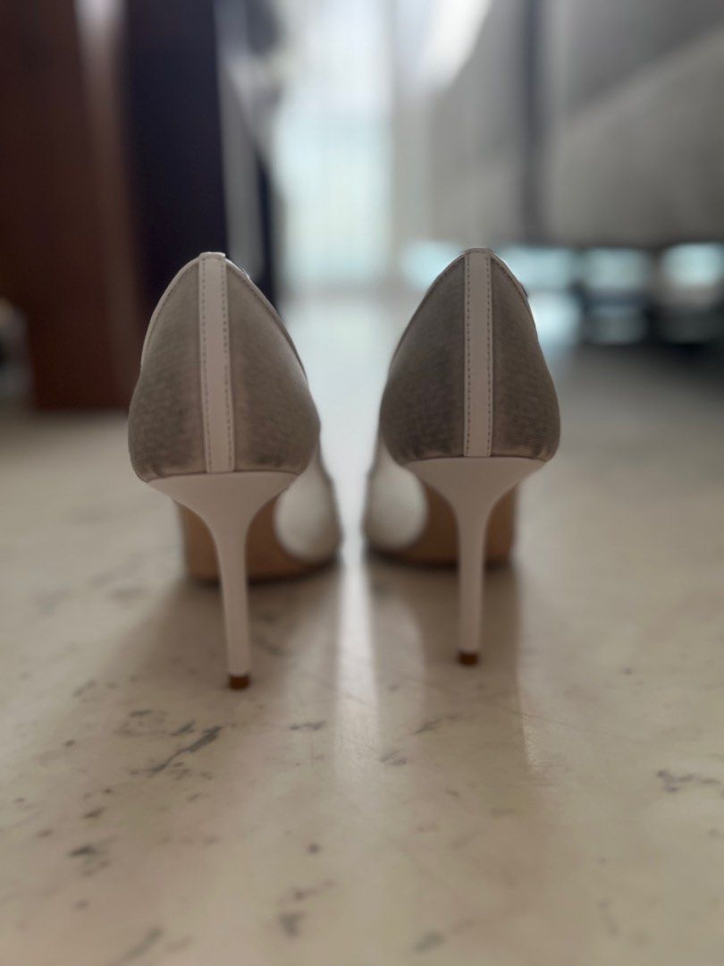 Jimmy Choo Love 85mm 3.3 inches Glitter Pumps in White with crystal embellished mesh