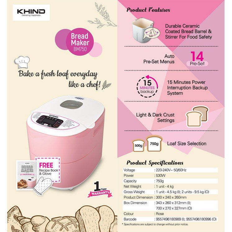 Khind bread maker (Category: Other Kitchen Appliances) located in Shah Alam. Submitted by baleryn (Listing ID 1230481332, Image 2). Description: Khind BM750 bread maker. Free gifts included. Which are measuring container and measuring spoon Bought for more than rm300. Used twice only .