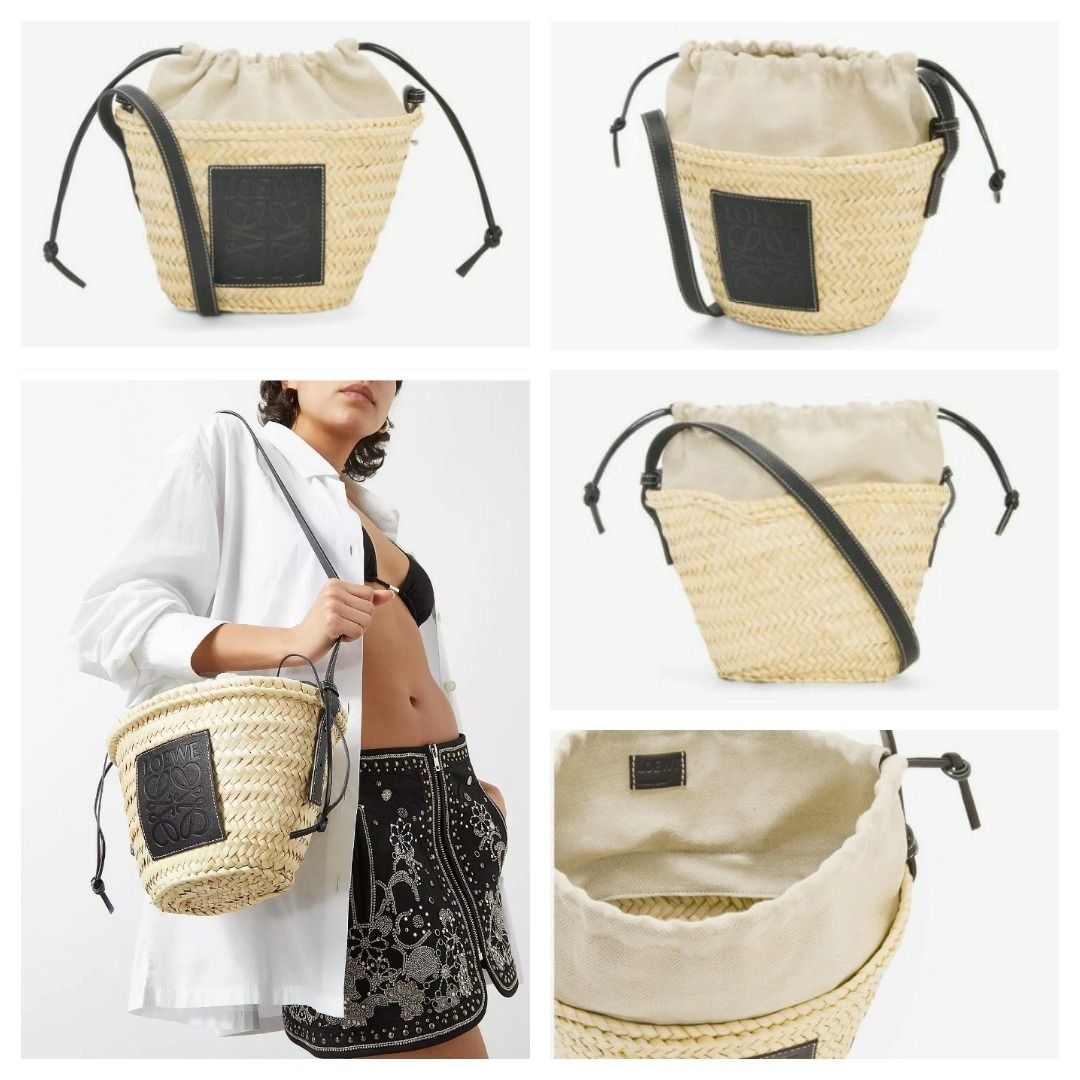 Drawstring bucket bag in palm leaf and calfskin Natural/White - LOEWE