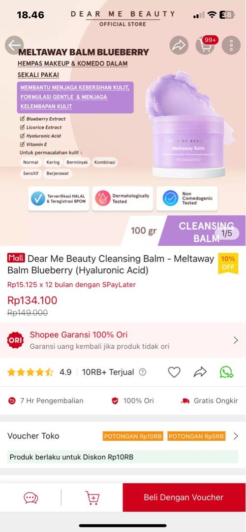 NEW Dear Me Beauty Cleansing Balm Meltaway Balm Blueberry (Hyaluronic