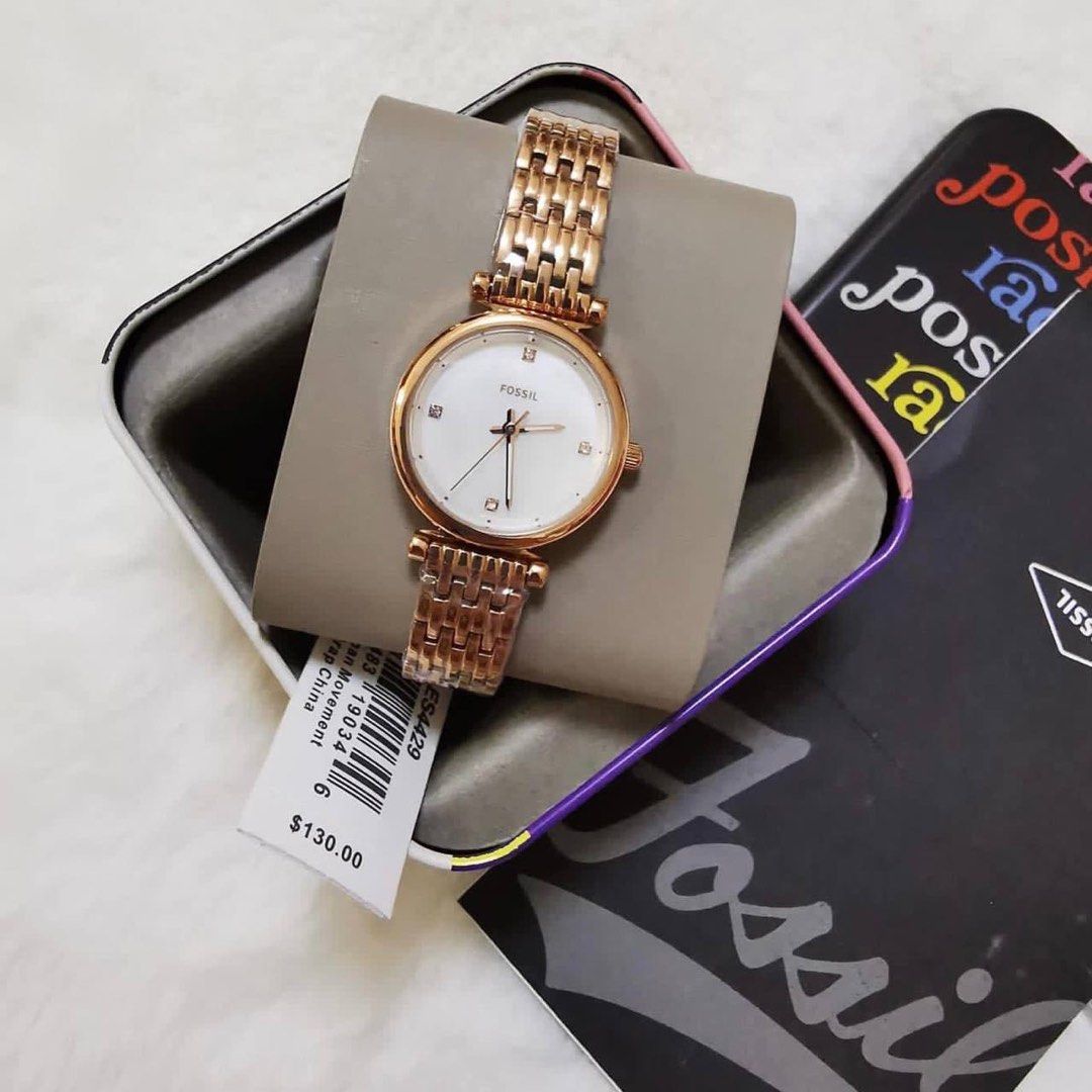 RESTOCK ORIGINAL FOSSIL MINI CARLIE MOTHER OF PEARL DIAL ROSEGOLD STEEL LADIES WATCH ES4429