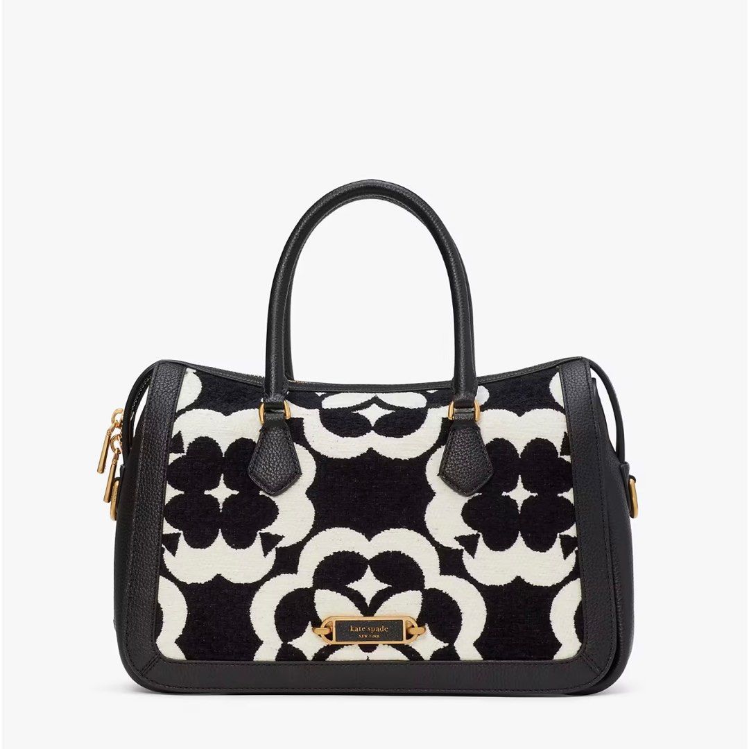 SALES ENDS 14 May 11 59pm Kate Spade Spade Flower Monogram Gramercy Chenille Medium Satchel Handbag Top Handle Crossbody Slingbag Black Multi White